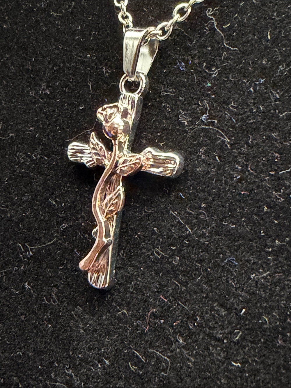 Silver Cross Pendant Necklace with Rose Accent